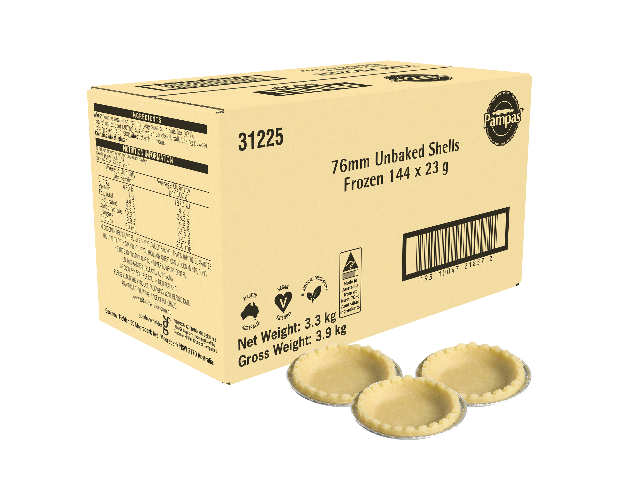 Pampas Unbaked Shells Frozen 144 x 23g